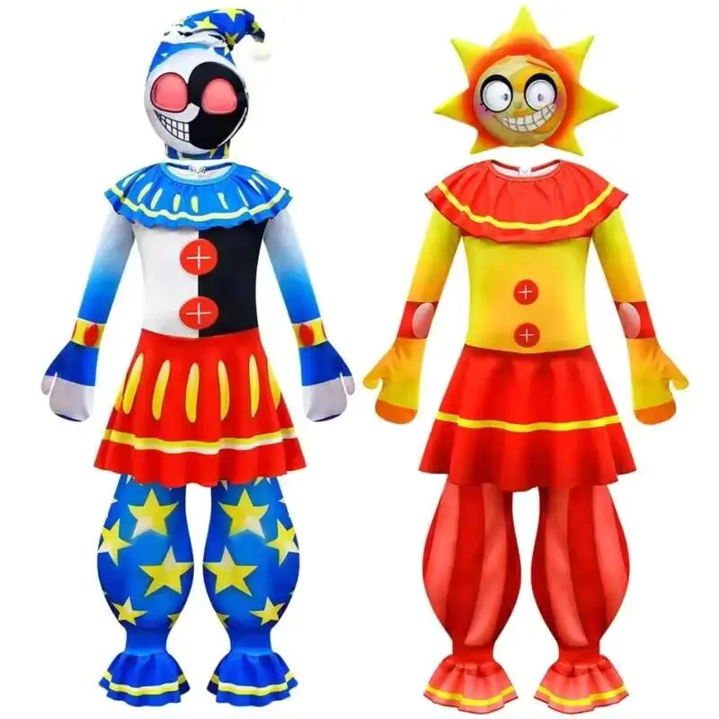 

Cossky Moon Sun Clown Freddy Cosplay Children Jumpsuits Mask Suits Kids Dress Hoodie Halloween Party Costume