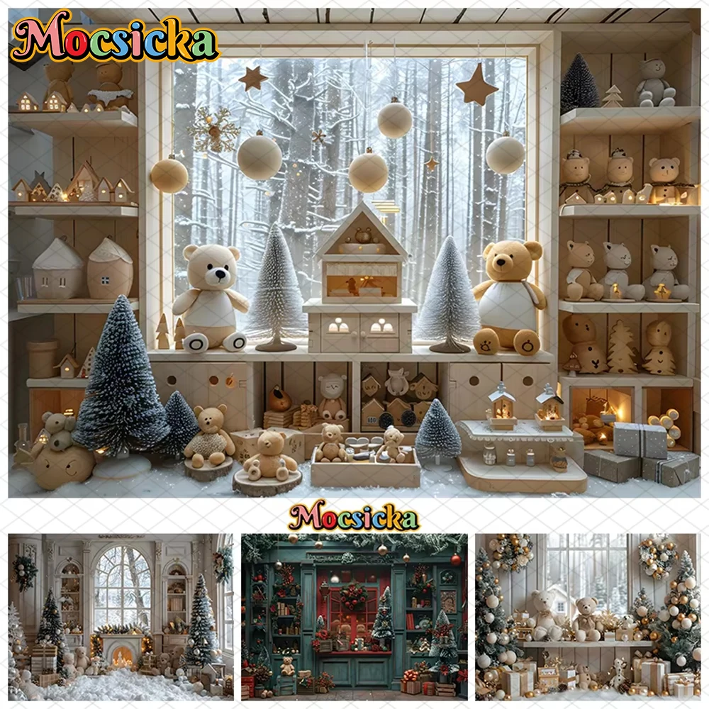

Mocsicka Christmas Home Photography Background Xmas Tree Bear Window Decors Family Holiday Party Child Photo Backdrops Wallpaper