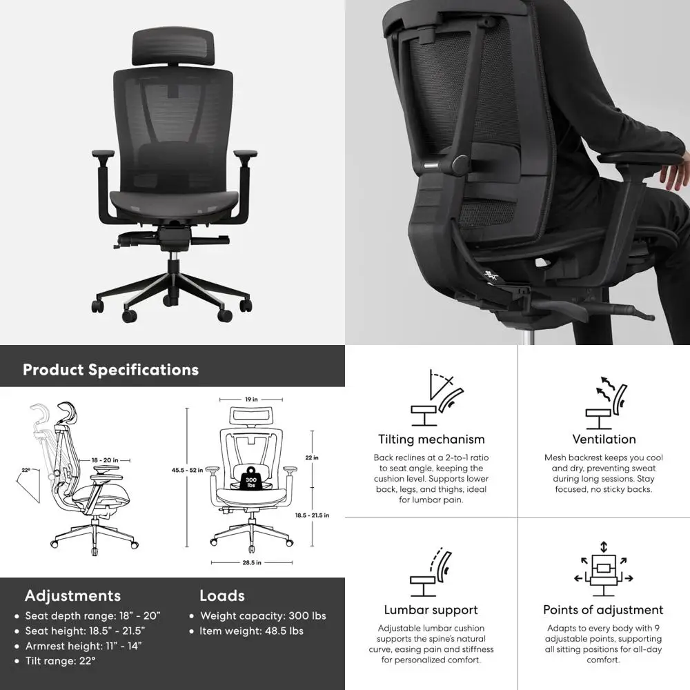 ergonomic office chair with lumbar support, swivel desk chair for home use, supports up to 300lbs