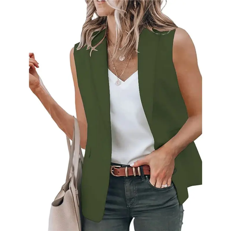 

A24F-Women's Sleeveless Blazer Vest Casual Open Front Single Button Summer Jacket With Pockets