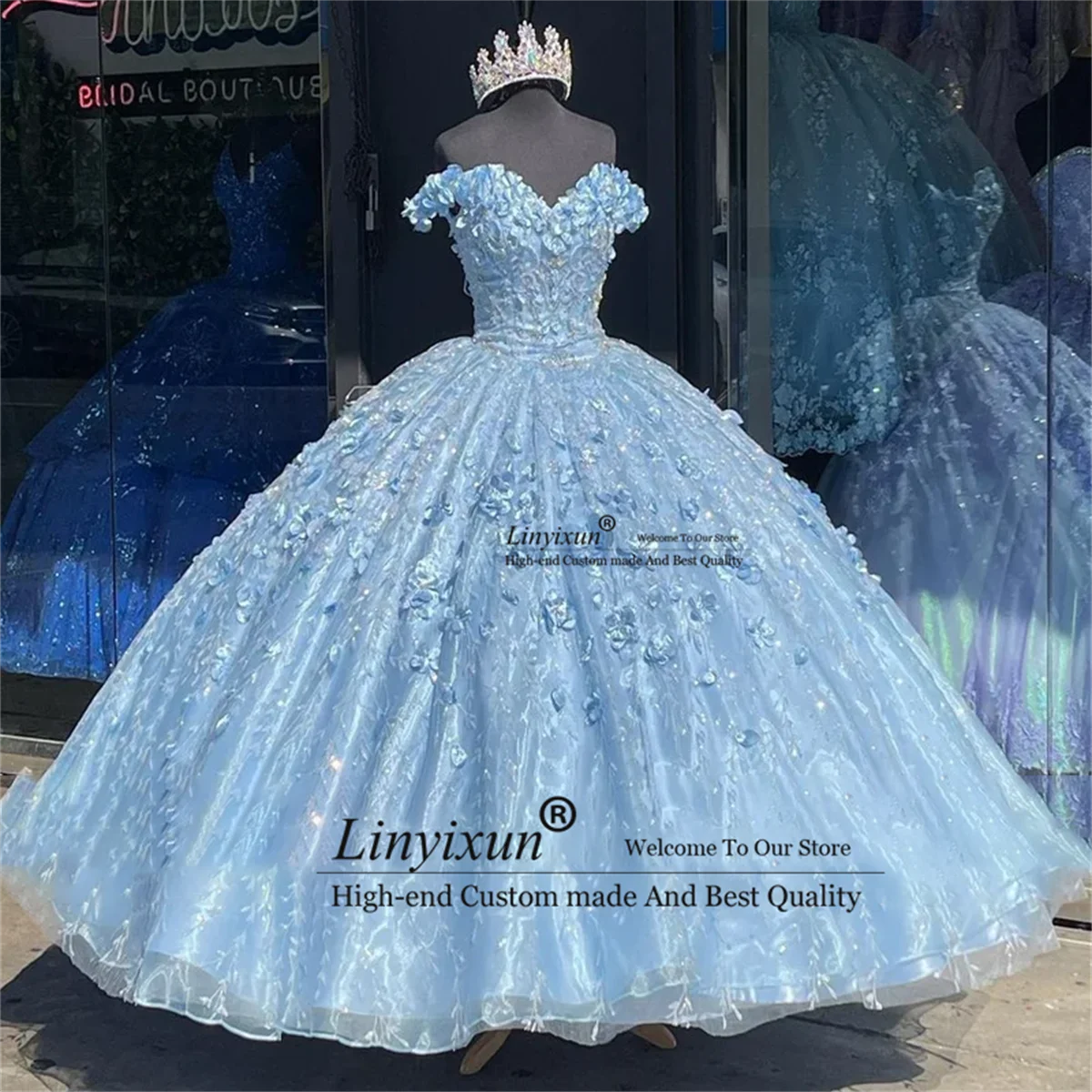 Süß glänzend 16 himmelblau Prinzessin Quince anera Kleid Cape Applique 3d Blumen Kristall Perlen Ballkleid Vestidos de 15 Anos Korsett