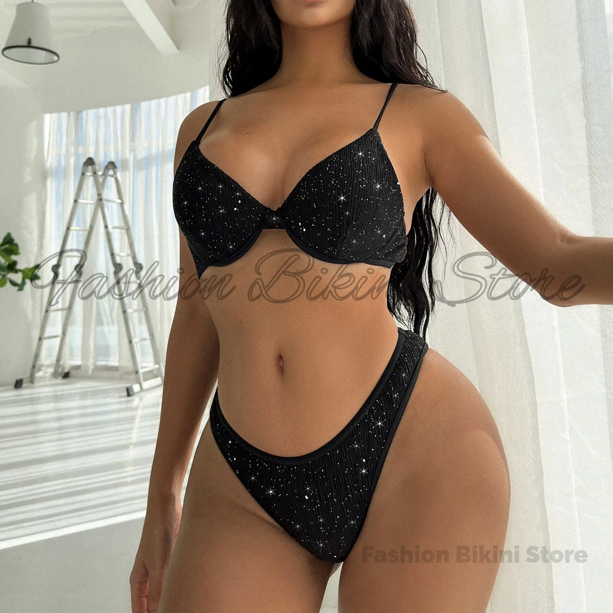 Shiny Sparkling Underwired V-bar Bikini Women Swimwear Female Swimsuit Two-pieces Bikini Set Smocked Push Up Bathing Suit Swim