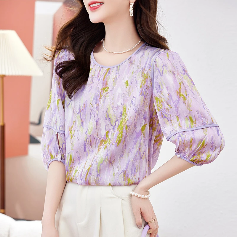 

Real Silk Women's Vintage Blouse 2026 Summer Elegant Fashion Shirts Blouses Women Three Quarter Sleeve Print Shirt Loose Tops