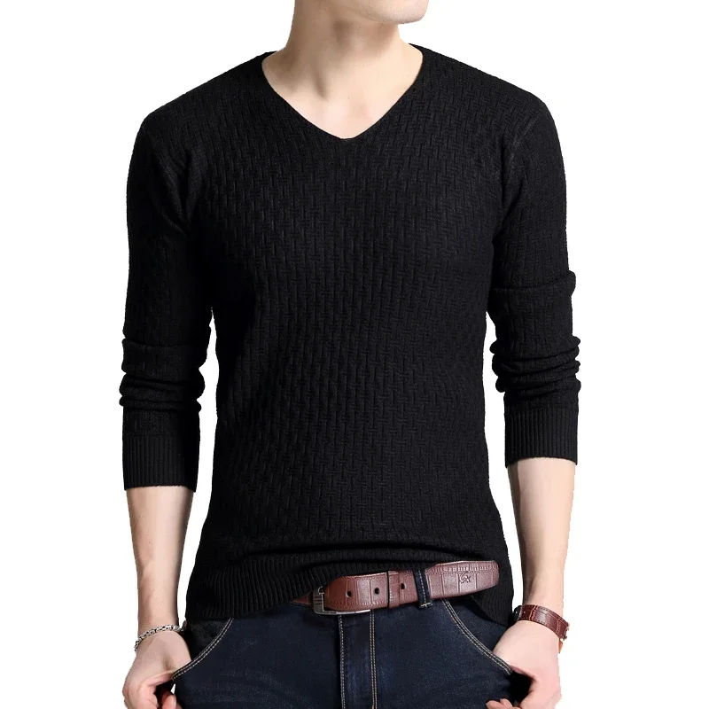 TFETTERS-Camiseta de manga larga Simple para hombres jóvenes, suéteres ajustados de manga larga con cuello en V, jerseys finos de punto, Otoño, nueva