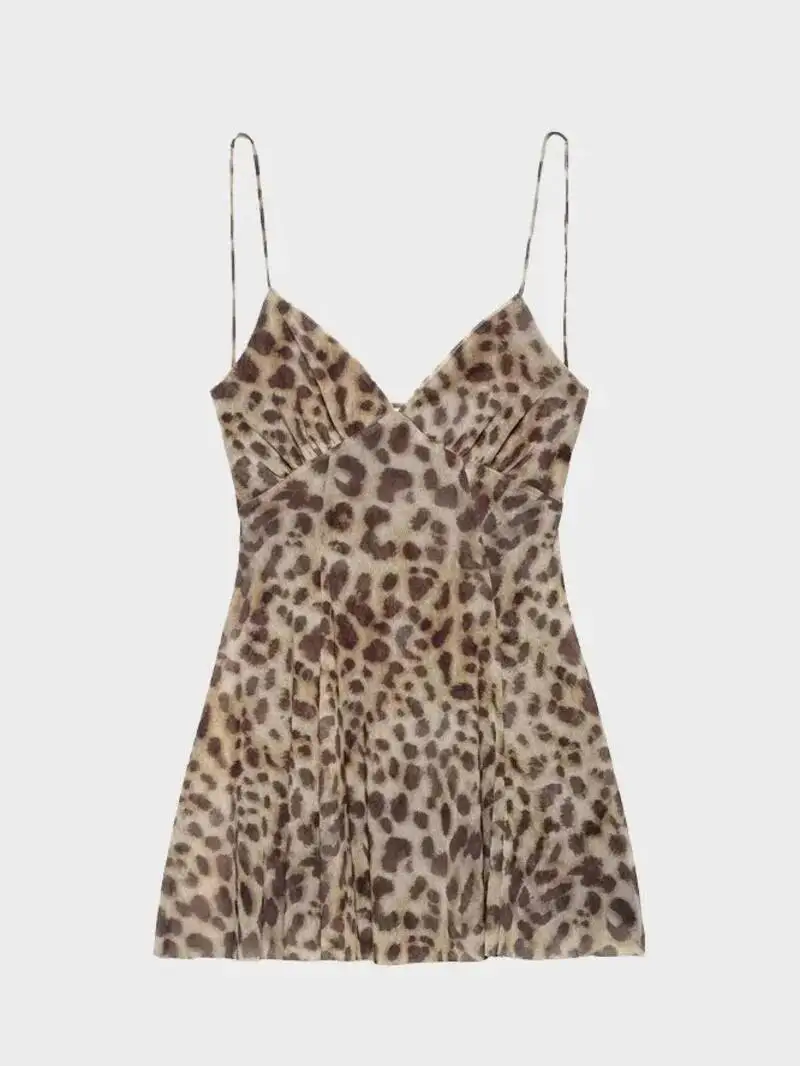 Verão novo doce e picante leopardo impressão de seda malha com decote em v sem costas vestido camisola para mulher tanque mini vestido doce sexy