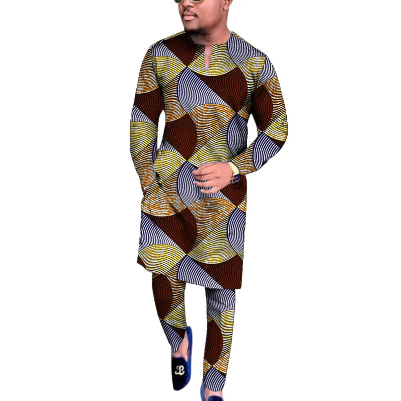 Original Design African Print V-neck Men’s Set Retro Style Shirt Patch Elastic Waist Pants Tailored Traditional Party Outfits