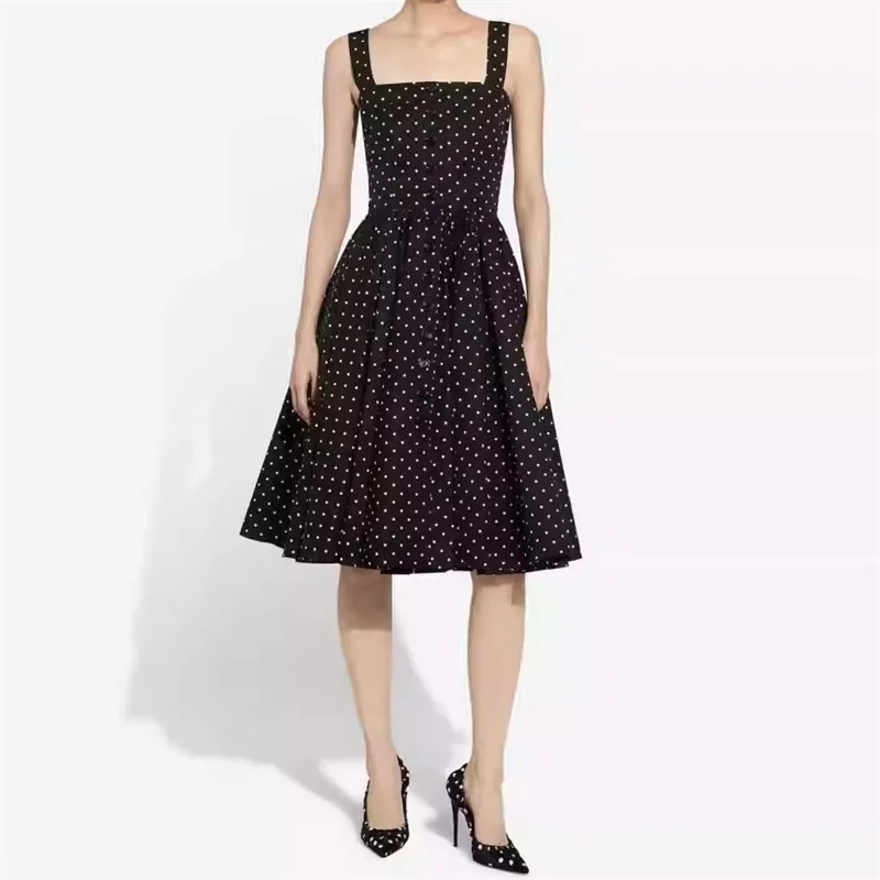 

Elegant dresses for women 2024 Summer New in Round Dot Print Square Neck long dresses Pure cotton suspender Dresses Midi dresses