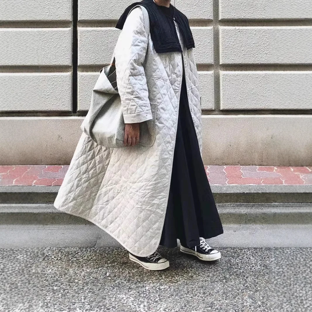 Thiened ロングコットンジャケット ダイヤモンドパターン 日本製 スレ カジュアル パーソナル 通勤 スレ 冬用コート 女性用