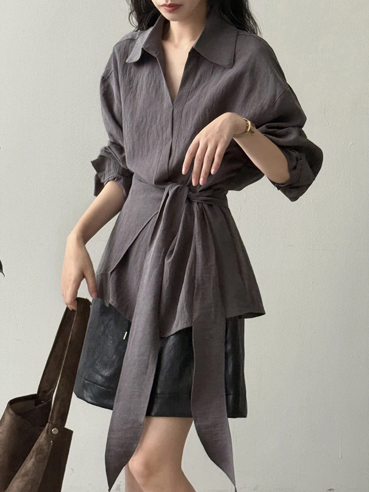 FANAN Camicie di design con vita arricciata irregolare per le donne Camicette a maniche lunghe con risvolto Solid Office Lady Top Fashion 2025 Autunno Nuovo