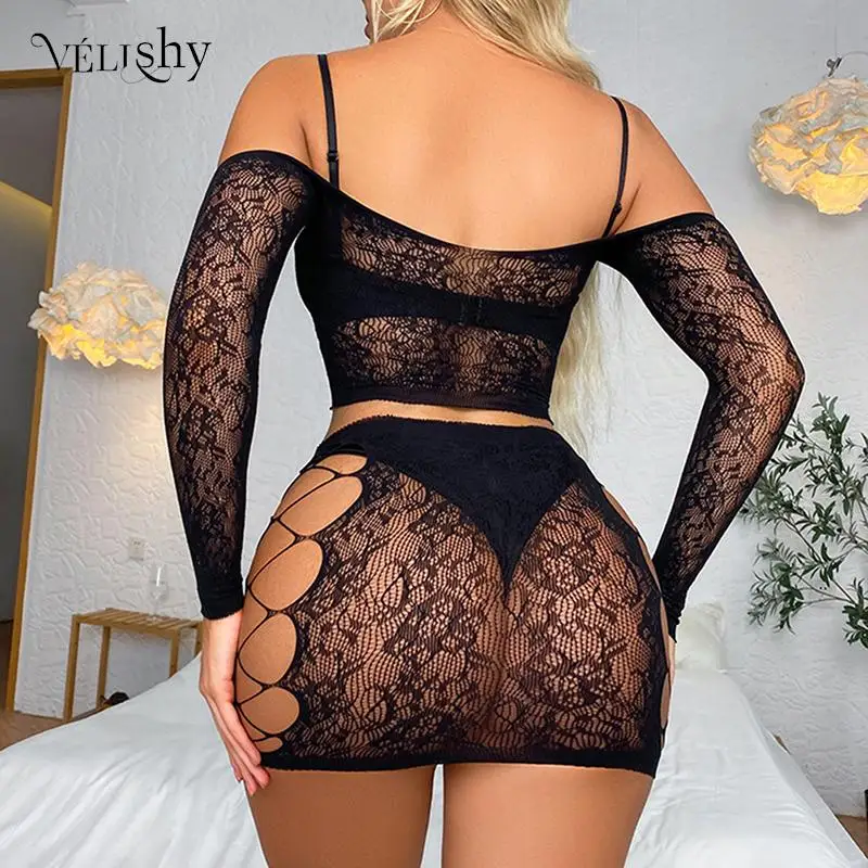 Women Sexy Underwear Hollow Out Tank Top Skirt Sets Hot Strap Nightwear Uniforms Temptation Nightdress Black Sex Exotic Costume