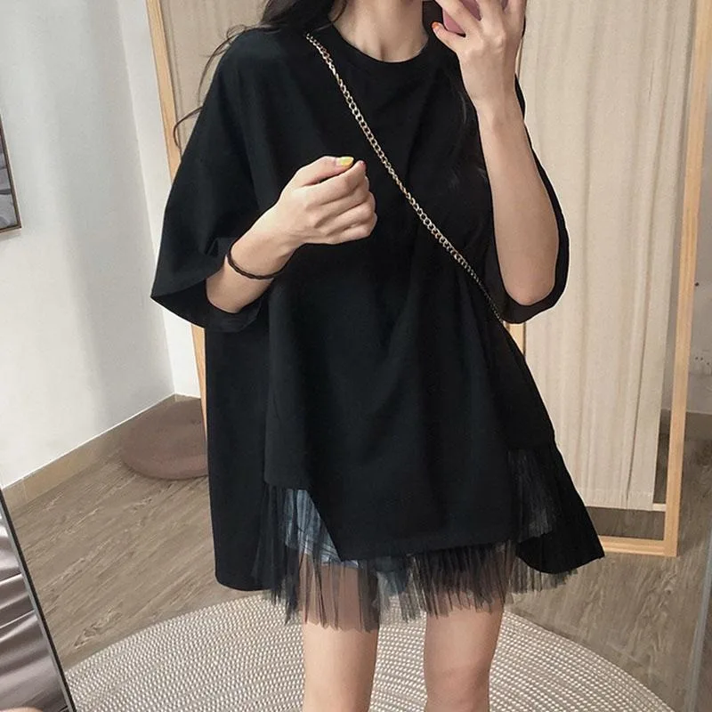 

EBAIHUI Versatile Patchwork Mesh Women Short Sleeved T-shirt Summer Loose Round Neck Ladies Tee Oversized Style Solid Color Top