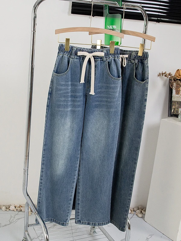 High Waist Loose Wide Leg Cotton Denim Trousers Women's Autumn Style Drawstring Elastic Waist Casual Straight Cut Jeans