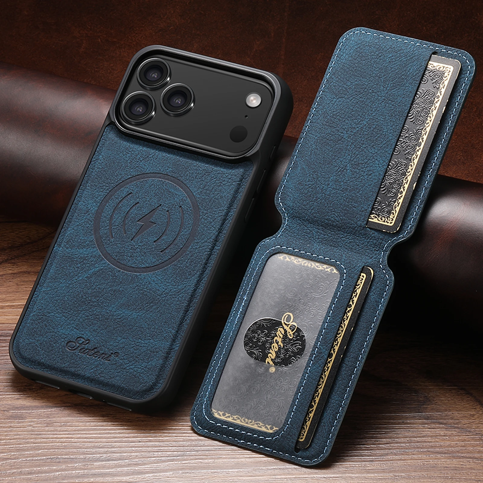 SUTENI Wireless Charging Phone Case Magnet Card Holder Stand Faux Leather For iPhone 18 Pro Max 17 Air 16 Plus 15 14 13 12