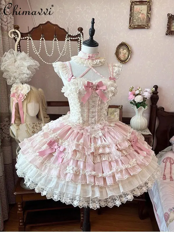 

Pink Floral Ballet Style Elegant Lolita Dress Spring Summer New Super Fairy Sweet Girl Elegant Birthday Party Princess Dress