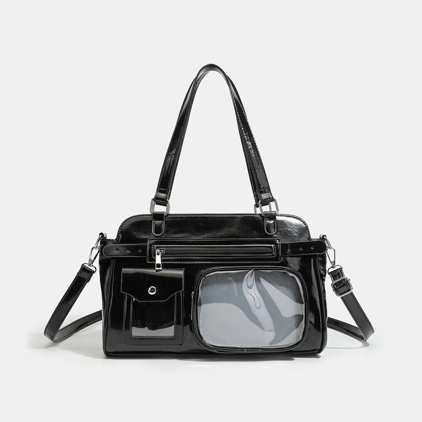 

Винтажная сумка через плечо с глянцевым прозрачным карманом, сумка-тоут с несколькими отделениями, кожаная сумка из вощеной кожи для ежедневных поездок на работу и офиса.