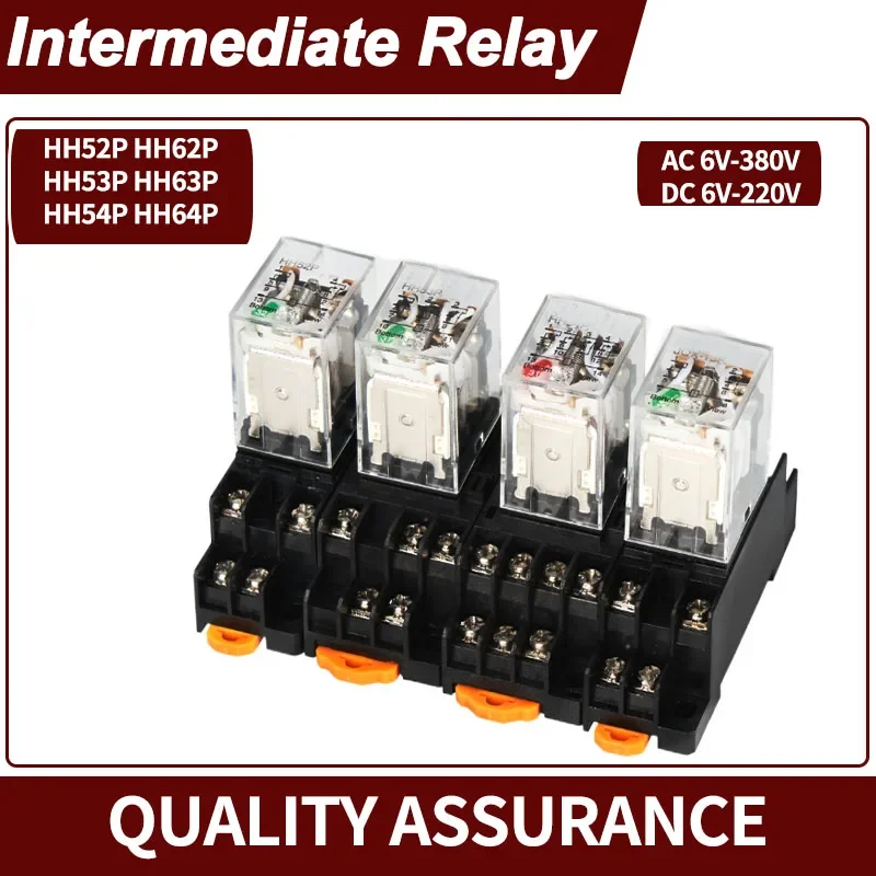 Intermediate Relay 12V/24V/220V Three-Phase Electromagnetic with Base Switch HH52P/53P/54P/62P/63P/64P All Copper Coil Silver