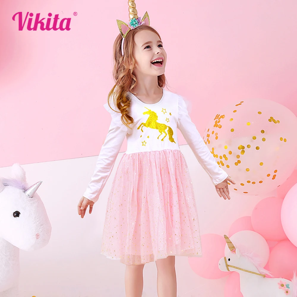 VIKITA Kids Dress for Girl Children Cartoon Clothes Flying Sleeve Princess Tutu Dress Uincorn Baby Birthday Party Winter Costume