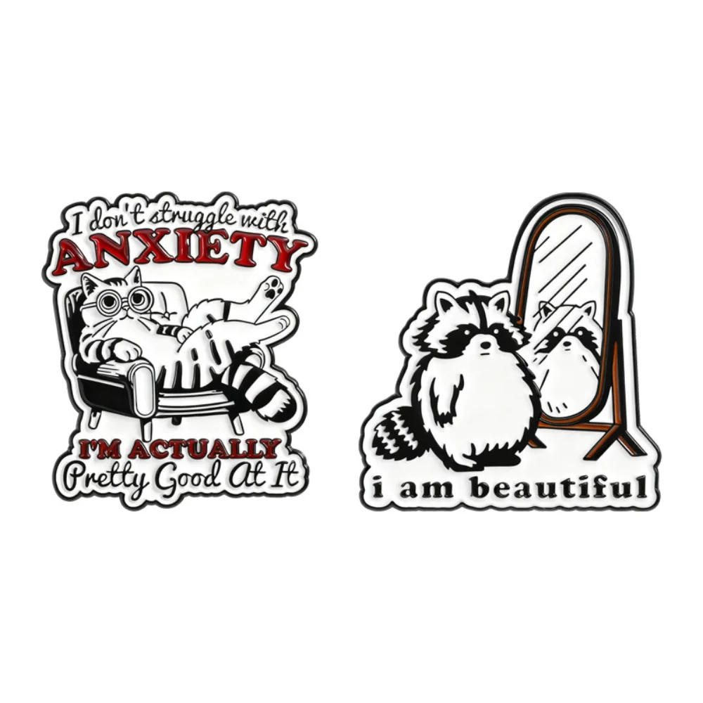 Anxiety Self Rescue Raccoon Pin Raccoon Stinky Beauty Anxiety Self Deprecating Brooch Backpack Wearing Pin Accessory Decoration