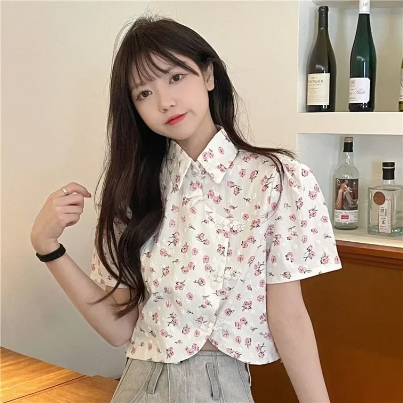 Floral Shirts Women Chinese Style Button Design Age-reducing Girl Summer Literary Vintage Casual Loose Minority Trendy All-match