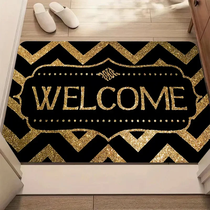 Luxury Gold Glitter Chevron Welcome Doormat Black Shimmer Wave Front Door Mat Elegant Accent Rug Decorative Floor Carpet