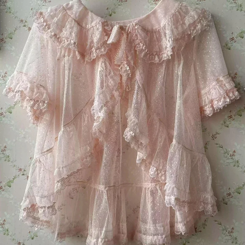 

Summer Japanese Elegant Vintage Lolita Blouse Women Gothic Retro Ruffles Bunny Ear Short Shirt Kawaii Sweet Chiffon Thin Tops