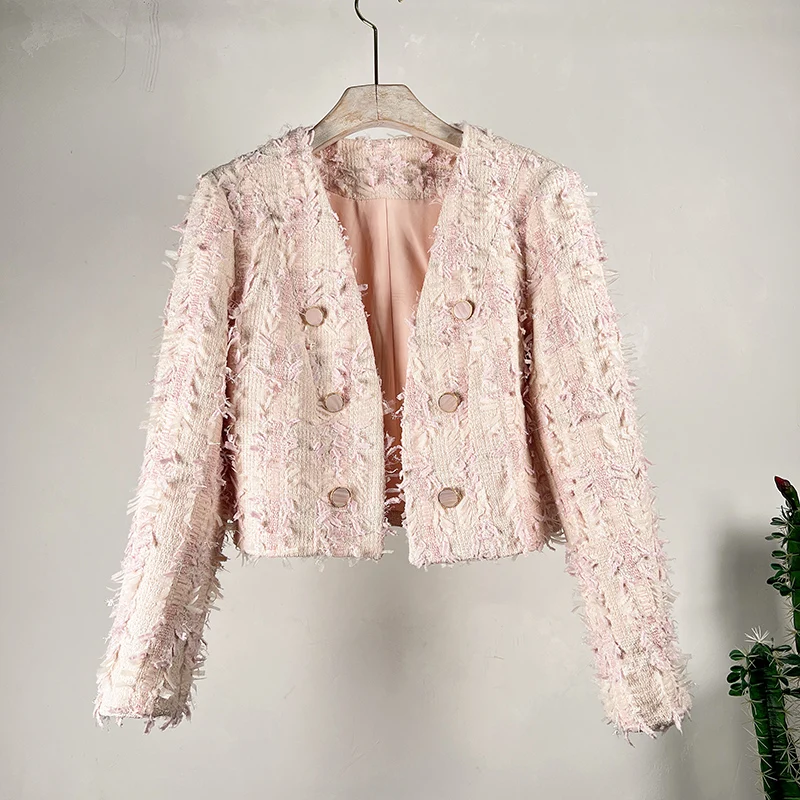 Fashion High Quality Women Pink V Neck Tweed Cropped Jacket Coat French Autumn Winter Double-Breasted Tassel Cardigan Short Tops