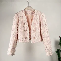 Fashion High Quality Women Pink V Neck Tweed Cropped Jacket Coat French Autumn Winter Double-Breasted Tassel Cardigan Short Tops