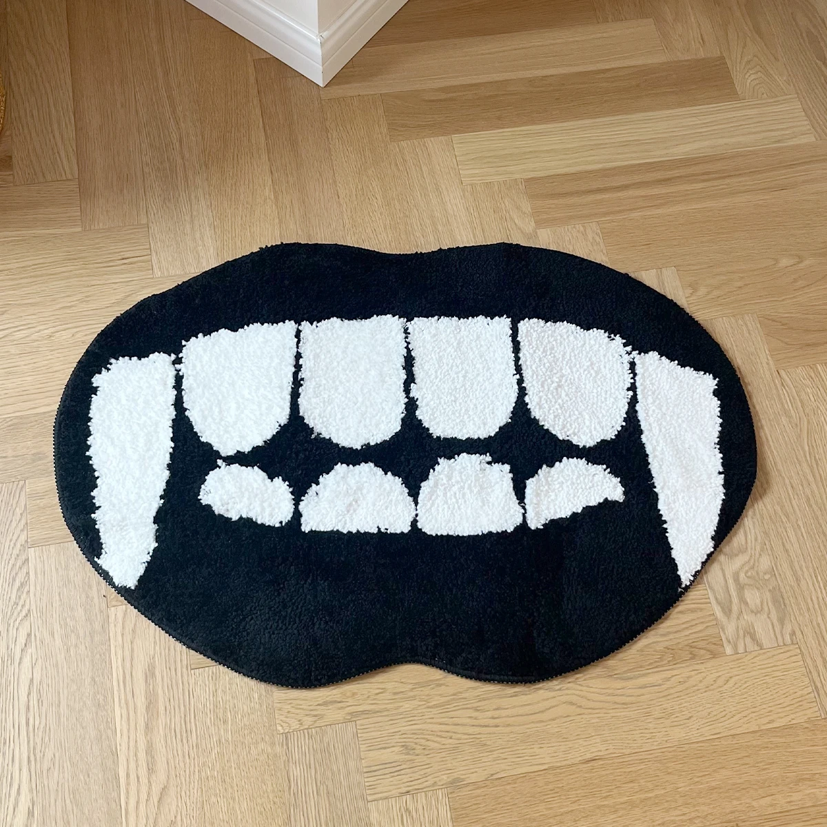 Spooky Halloween Devil Teeth Shag Rug - Black Flocked Plush Carpet Non-Slip Floor Mat Halloween Party Bedroom Decor