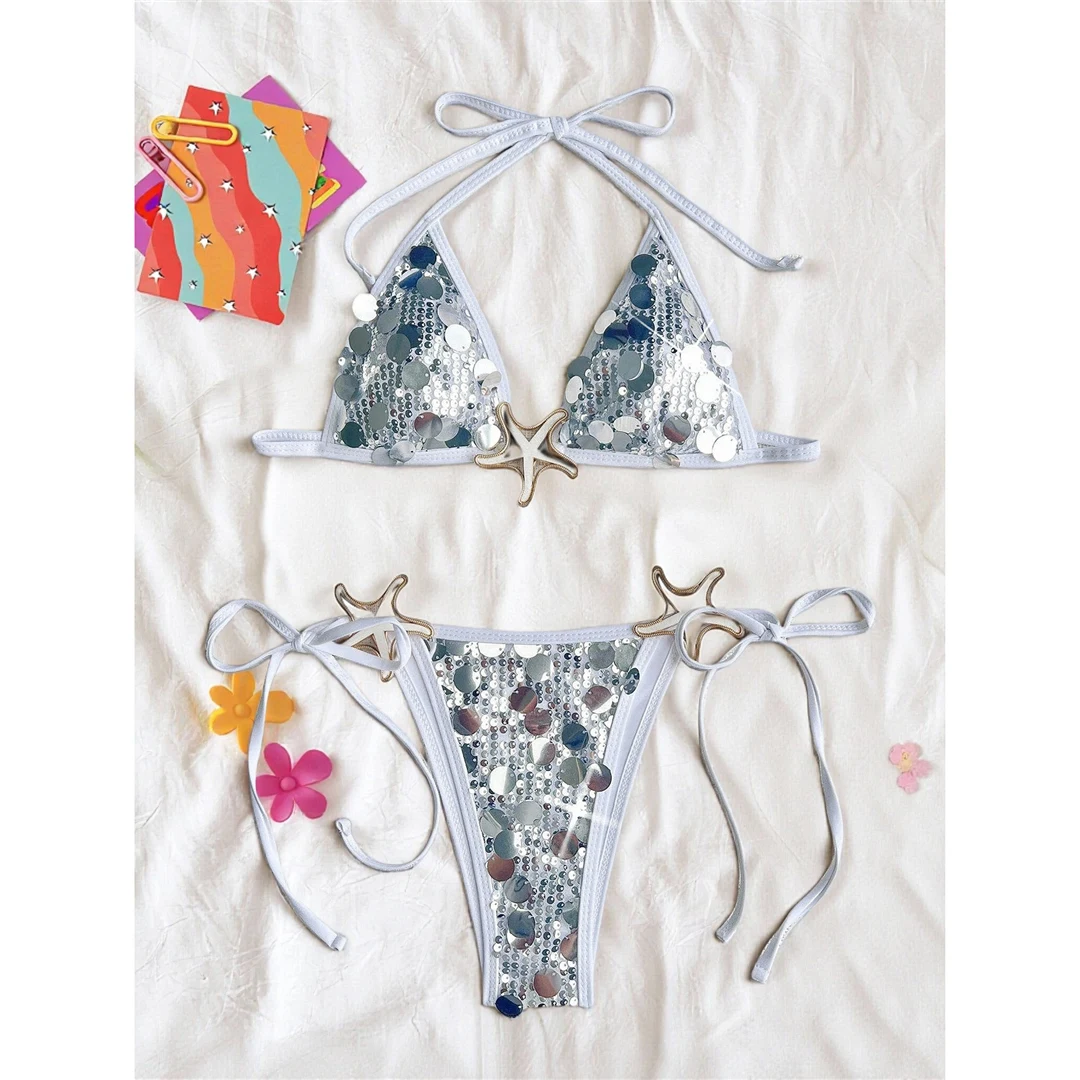 S - XL Pailletten-Bikini mit Neckholder, Damen-Badeanzug, zweiteiliges Bikini-Set, Badeanzug mit hohem Beinausschnitt, Badebekleidung, Schwimmbekleidung V7868 – Detail 4