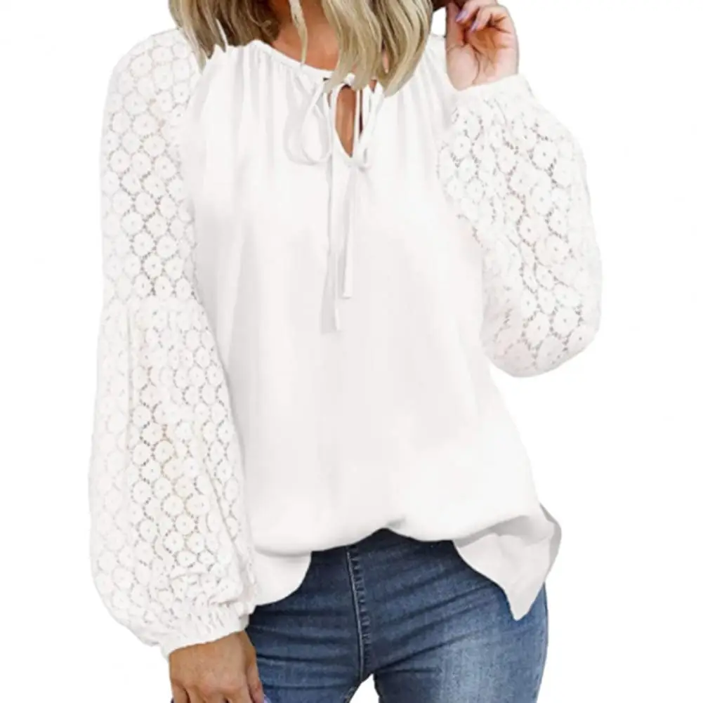 Fashion Women Blouses Fall Shirt Hollow Out Lace Long Sleeve Solid Color Patchwork Lantern Sleeve Lace Up Strap O Neck Blouse