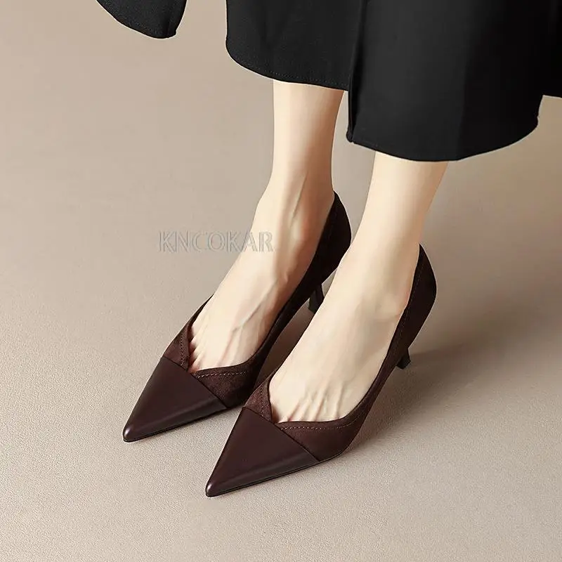 2023 New Stitching High Heels Women\'s Single Shoes Pointed Thin Temperament Hollowed Out Apricot Matching Shallow Mouth