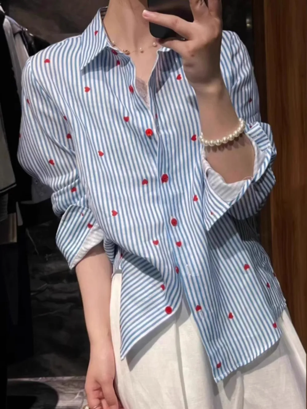 

Американские милые рубашки-поло в синюю полоску с принтом сердца, однобортные блузки с отложным воротником, свободные повседневные милые женские топы