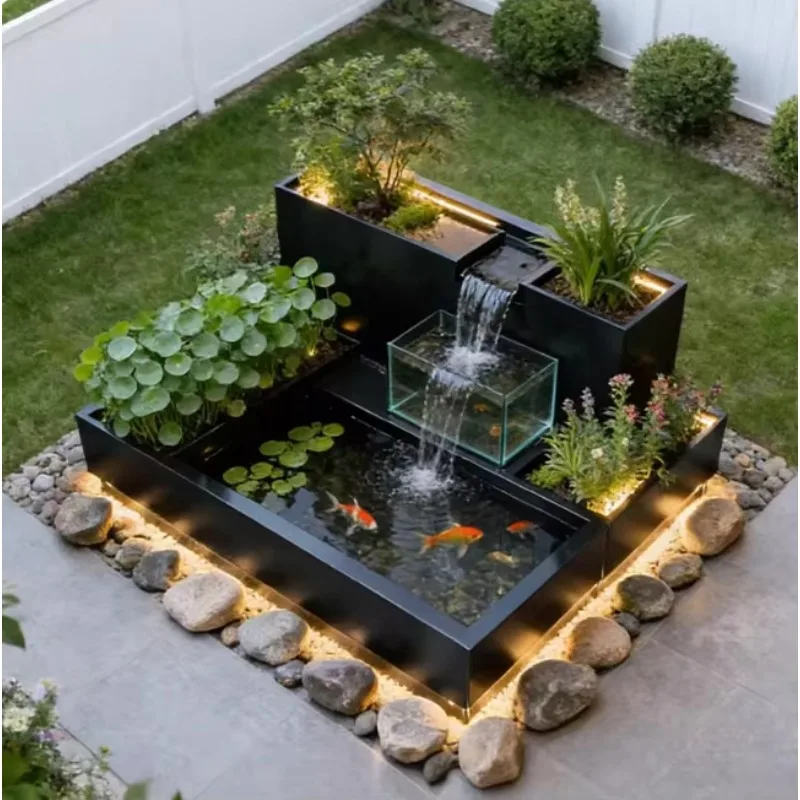 

Modern RGB Stainless Steel Fish Pond Glass Waterfall Planter Custom Outdoor Patio Garden Landscape Luxury Courtyard
