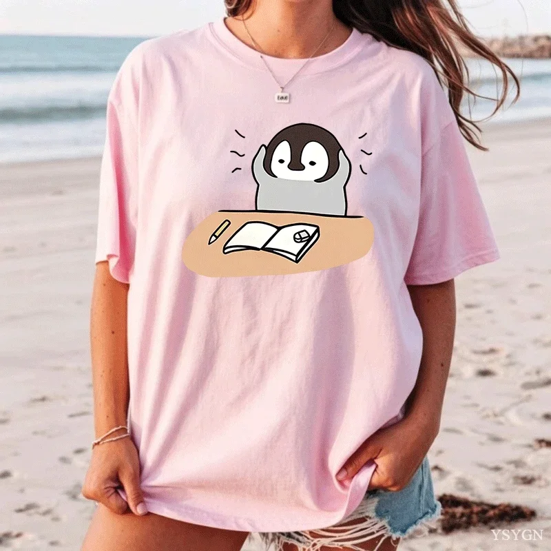 Anxious Studying Penguin Cartoon Print Women Short Sleeve Tee Match Soft Cotton Men Student Daily Casual Fashion T Shirts Tops