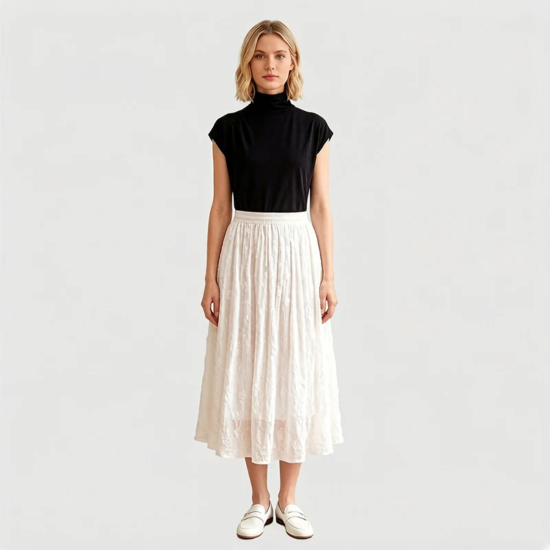 Women Silk Skirt 100% Mulberry Silk White Embroidery Skirts with Lining 2026 Casual Spring Summer Beach Big Hem M1081