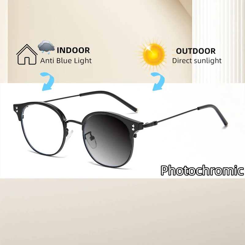 Fashion Brand Design Men Eyeglasses Small Round Frame Photochromic Anti Blue Light Prescription Male Customized Reading Glasses