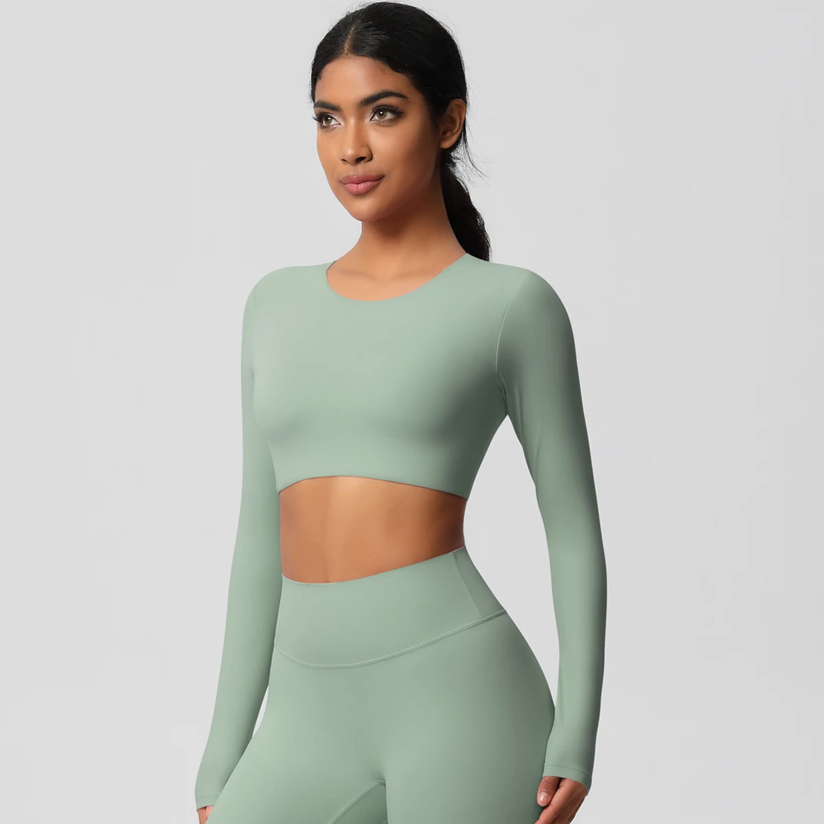 1 Piece Ladies Solid Colour Nylon Tight Yoga Long Sleeve Gym Exercise Slimming High Stretch Exercise Top Yoga Shape Long Sleeve