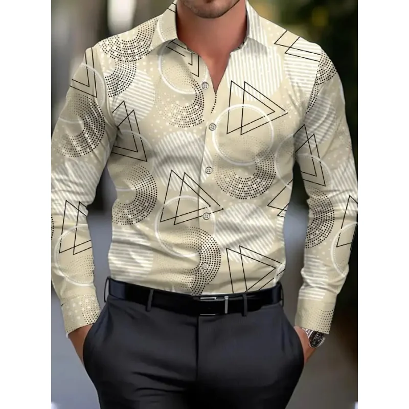 Colorful Geometry Pattern Hawaiian Shirts For Men Color Block 3D Printed Aloha Shirts Casual Loose Long Sleeve Lapel Tops Blouse