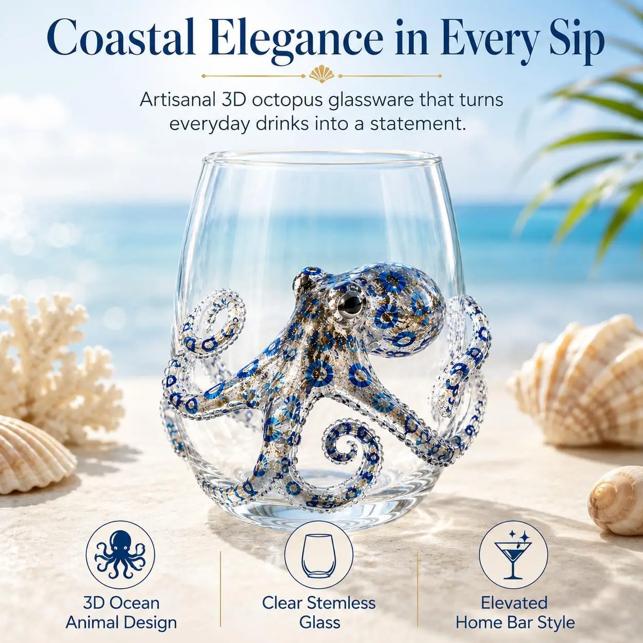 12oz Artisanal Blue Ringed Octopus Glassware, 3D Ocean Animal Artisan Glassware Collection For Fresher Sips, Coastal Elegance & Elevated Home Bar Vibes (One Set)