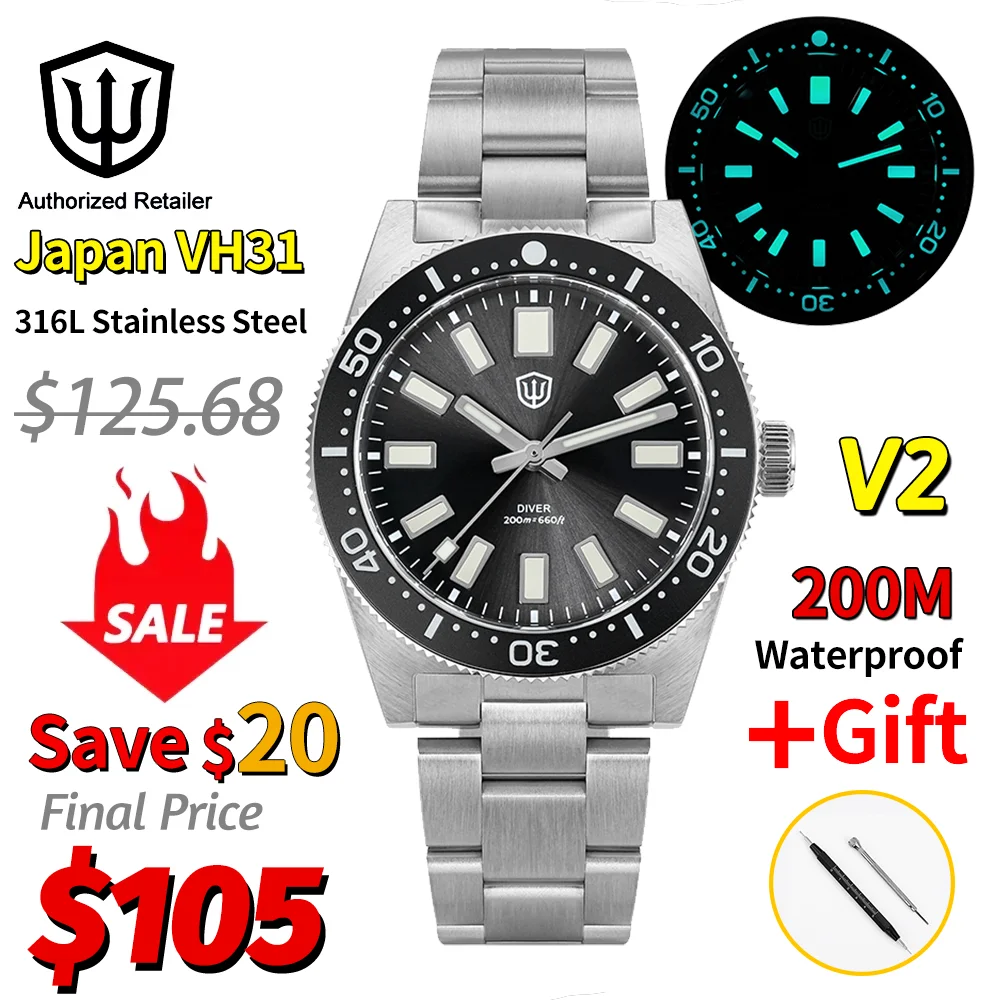 Watchdives Wd1965 V2 Mode Quarz Armbanduhren Vh31 Saphir Mann Uhren Luxus Edelstahl 200M Wasserdichte Taucheruhr