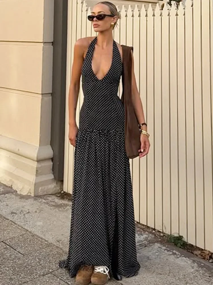 Polka Dot rückenfreies sexy Maxikleid für Damen, modisch, Neckholder, tiefer V-Ausschnitt, ärmellos, Oberschenkelhoch, geteilt, figurbetontes Clubkleid