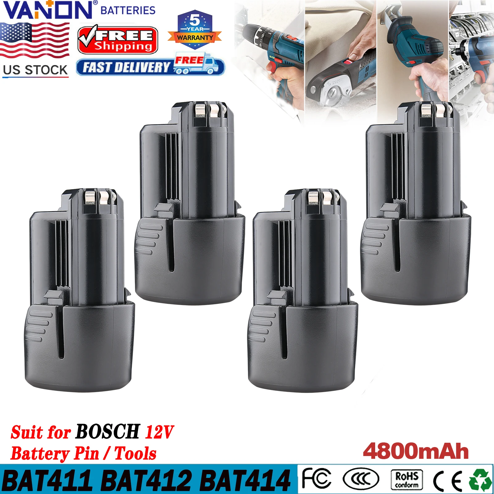 

VANON 1/2/4Pcs 4.8Ah Li-ion BAT411 Replace for Bosch 12V Battery Pin Compatible with Bosch GBA12V30 BAT420 BAT411 BAT412 BAT413