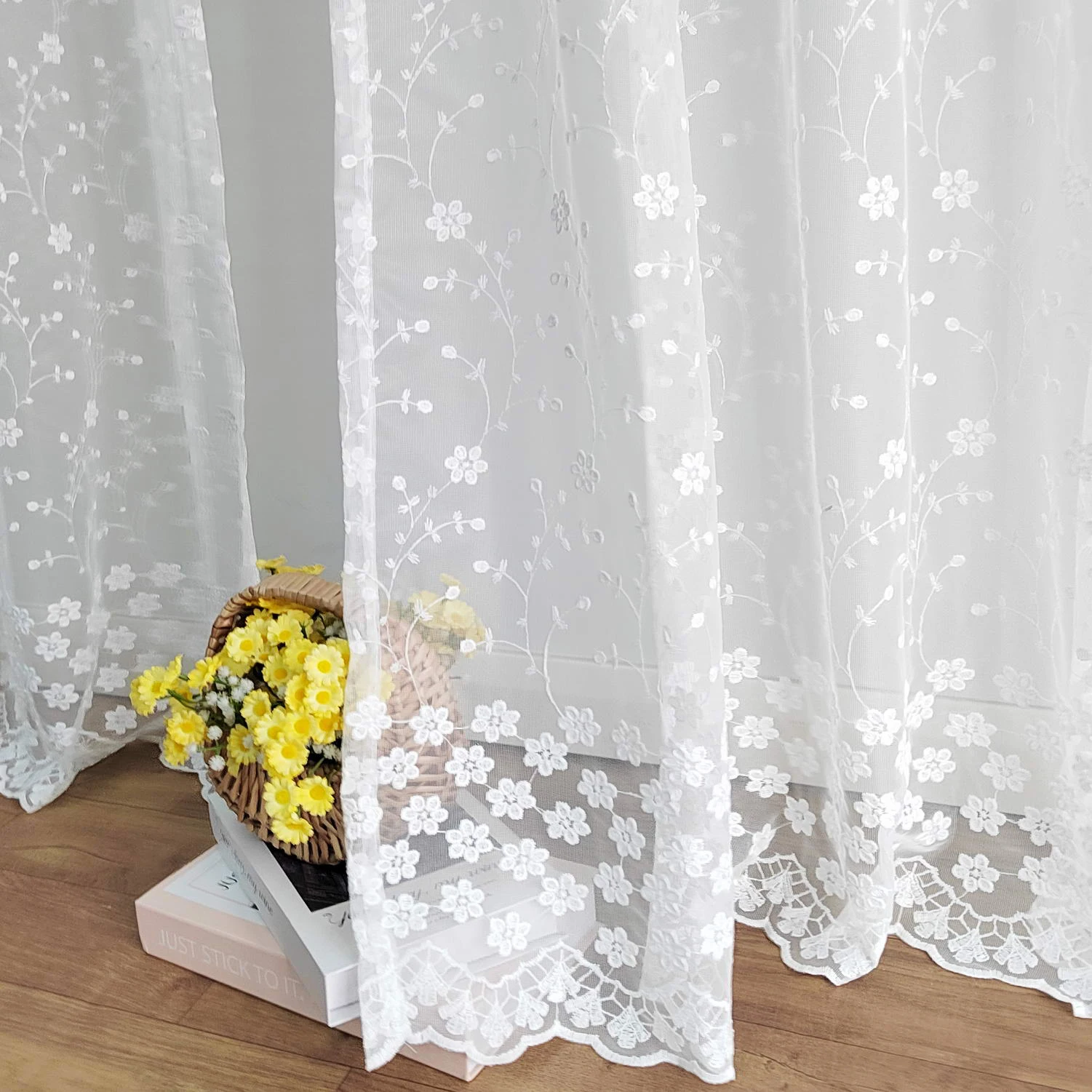 

Korean Embroidered Lace Tulle Curtains For Bedroom, White Tulle Curtains For Living Room, Sheer Voile Room Divider Curtains