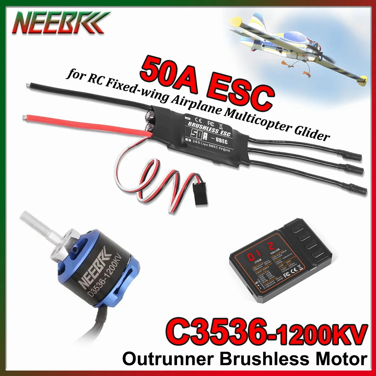NEEBRC D3536 3536 1200KV Brushless Motor 50A ESC Program Card for RC Fixed-wing Aircraft Plane Quadcopter Glider Drone Model Toy
