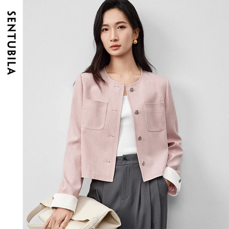 

Жакеты-бомберы SENTUBILA из смесового льна, укороченные, женские, весна-осень 2026, с длинными рукавами, элегантные, короткие, женская одежда 151W58756