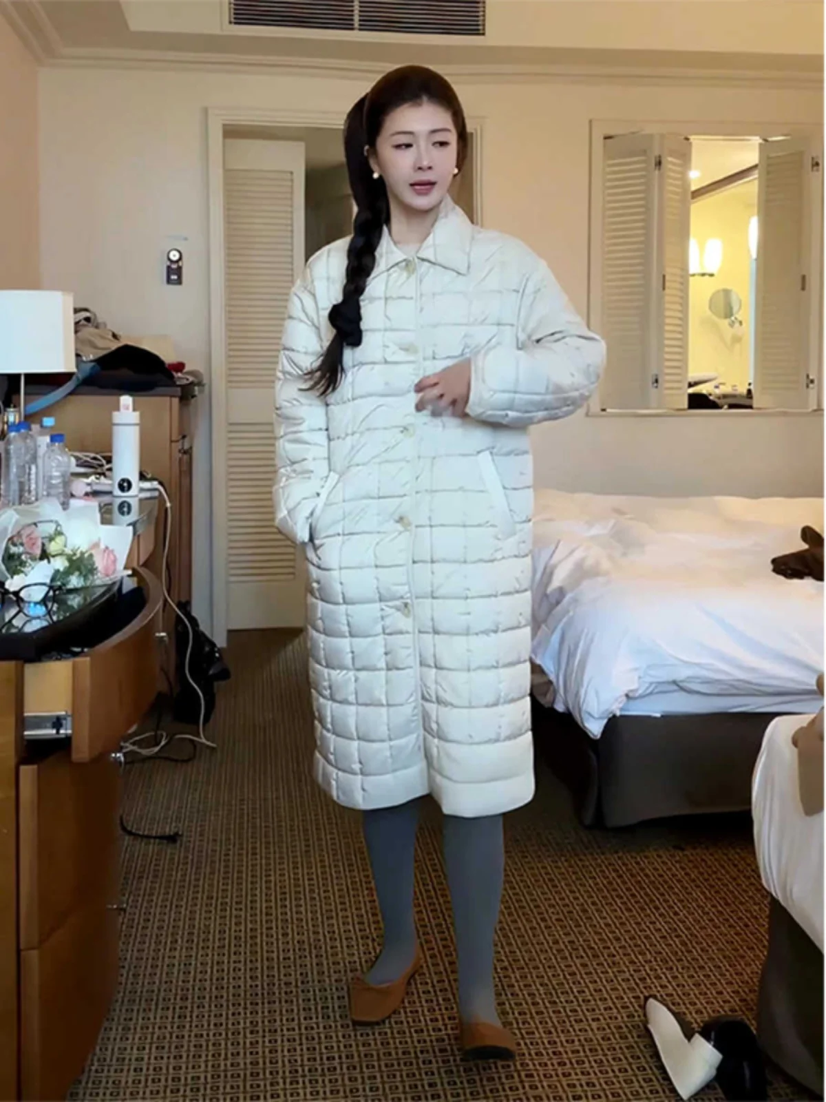 Korean Style Long Over-Knee Plaid Cotton Jacket Women's Fashion Design Single Button  Collar Coat Winter New Arrival