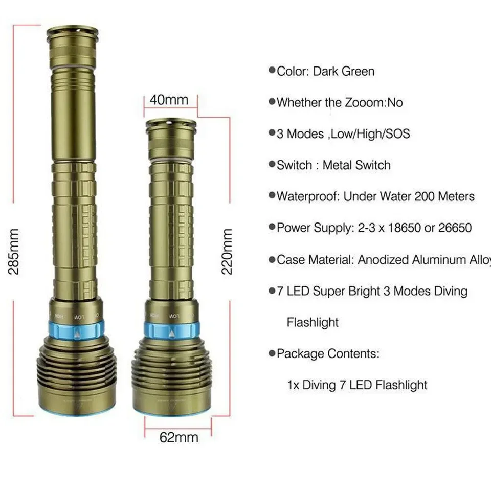 300m Underwater Visible Distance Magnet Rotary Switch waterproof diving torch lantern for Diving Activities