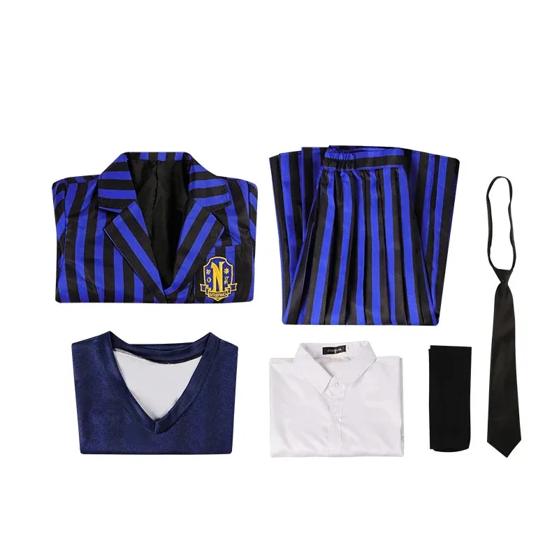 أزياء أدامز الأربعاء إنيد سنكلير التأثيرية زي مدرسي مخطط أزرق للكبار معطف سترة قميص تنورة حفلة الهالوين