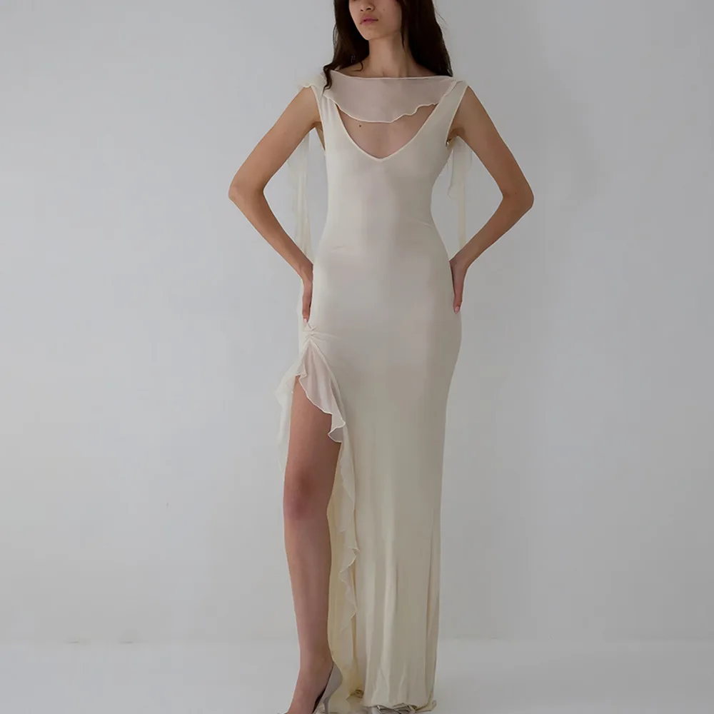 

2025 Summer Temperament Ribbon Women's Long Skirt Sexy Backless High Slit Ruffle Edge Slim Fit Dress