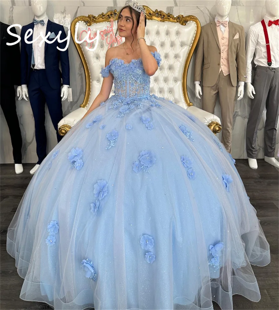 Aschenputtel blau Quince anera Kleider Luxus 3d Blumen Perlen Para XV Prinzessin Geburtstags feier Kleid elegante Perlen Ballkleid